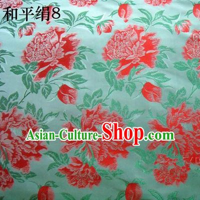 Asian Chinese Traditional Embroidered Red Flowers Green Silk Fabric, Top Grade Arhat Bed Brocade Tang Suit Hanfu Dress Fabric Cheongsam Cloth Material