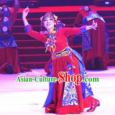 Traditional Chinese Zang Nationality Dancing Costume, Tibetan Folk Dance Ethnic Red Pleated Skirt, Chinese Minority Nationality Embroidery Costume for Women