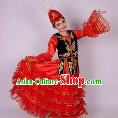 Traditional Chinese Uyghur Nationality Dance Costume, Folk Dance Ethnic Clothing, Chinese Minority Nationality Uigurian Dance Red Dress for Women