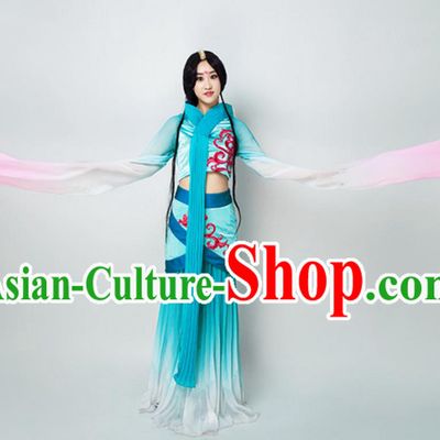 Traditional Chinese Classical Dance Flying Dance Costume, Folk Dance Water Sleeve Dance Blue Dress for Women