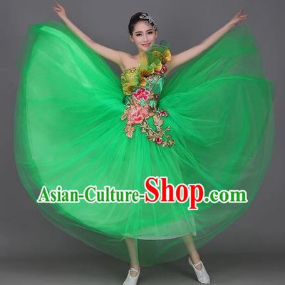 Chinese Classic Stage Performance Dance Costumes, Opening Dance Folk Dance Classic Dance Big Swing One-shoulder Green Veil Dress for Women