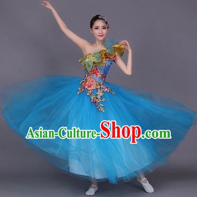 Chinese Classic Stage Performance Dance Costumes, Opening Dance Folk Dance Classic Dance Big Swing One-shoulder Blue Veil Dress for Women