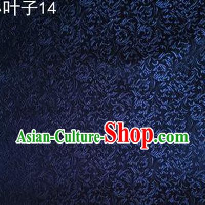Asian Chinese Traditional Embroidery Leaves Navy Satin Silk Fabric, Top Grade Arhat Bed Brocade Tang Suit Hanfu Dress Fabric Cheongsam Cloth Material