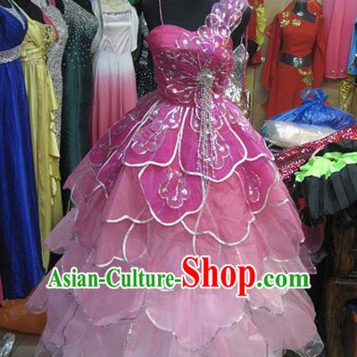Chinese Classic Stage Performance Dance Costumes, Opening Dance Folk Dance Classic Dance Pink Bubble Dress for Women