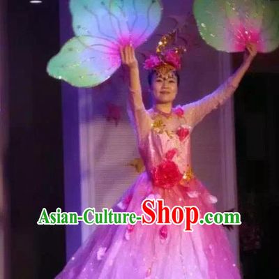 Chinese Classic Stage Performance Dance Costumes, Opening Dance Folk Dance Chorus Classic Dance Pink Bubble Dress for Women