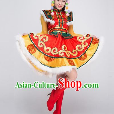 Traditional Chinese Mongol Nationality Dancing Costume, Mongols Female Folk Dance Ethnic Pleated Skirt, Chinese Mongolian Minority Nationality Embroidery Dress for Women