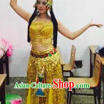 Traditional Indian Classical Dance Costume, India Belly Dance Golden Dress for Women
