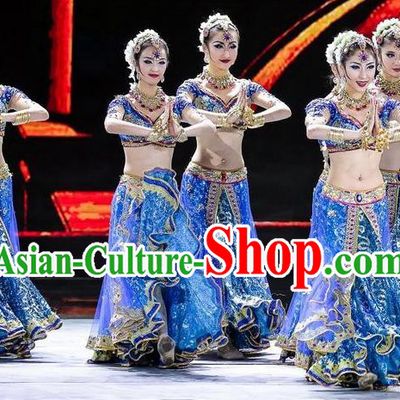 Traditional Indian Classical Dance Costume, India Belly Dance Raks Sharki Blue Dress for Women
