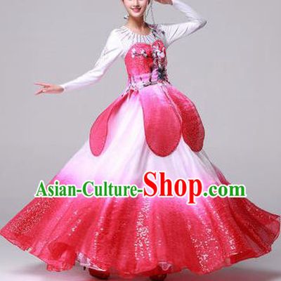 Chinese Classic Stage Performance Dance Costumes, Opening Dance Competition Pink Dress, Folk Lotus Dance Classic Big Swing Clothing for Women