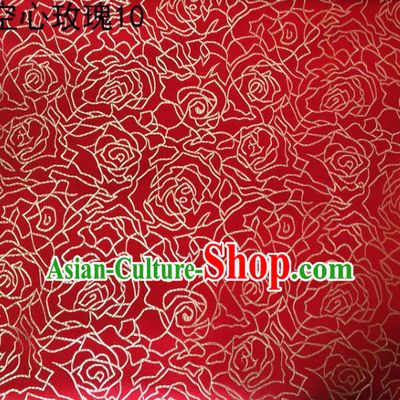 Asian Chinese Traditional Jacquard Weave Embroidered Golden Rose Flowers Red Satin Silk Fabric, Top Grade Brocade Tang Suit Hanfu Coat Dress Fabric Cheongsam Cloth Material