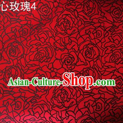 Asian Chinese Traditional Jacquard Weave Embroidered Black Rose Flowers Red Satin Silk Fabric, Top Grade Brocade Tang Suit Hanfu Coat Dress Fabric Cheongsam Cloth Material