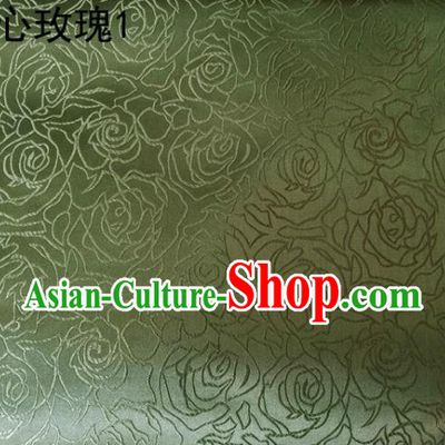 Asian Chinese Traditional Jacquard Weave Embroidered Rose Flowers Green Satin Silk Fabric, Top Grade Brocade Tang Suit Hanfu Coat Dress Fabric Cheongsam Cloth Material