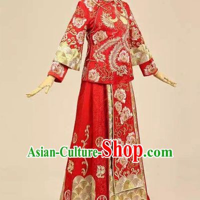 Asian Chinese Traditional Jacquard Weave Embroidered Phoenix Peony Flowers Xiuhe Suit Satin Silk Fabric, Top Grade Brocade Tang Suit Hanfu Wedding Dress Fabric Cheongsam Cloth Material