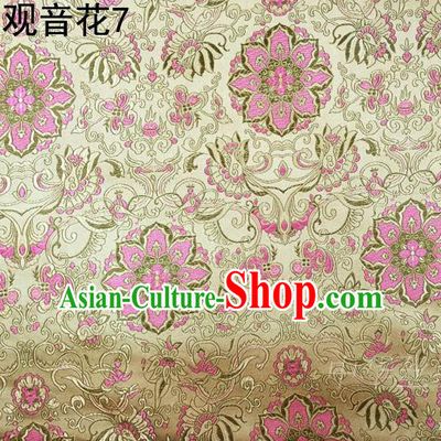 Asian Chinese Traditional Embroidering Avalokitesvara Flowers Thangka Satin Golden Silk Fabric, Top Grade Brocade Tang Suit Hanfu Full Dress Fabric Cheongsam Cloth Material