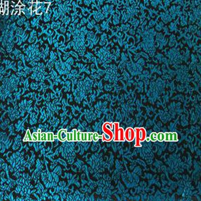 Asian Chinese Traditional Embroidering Flower Peacock Blue Xiuhe Suit Satin Thangka Silk Fabric, Top Grade Brocade Tang Suit Hanfu Dress Fabric Cheongsam Cloth Material