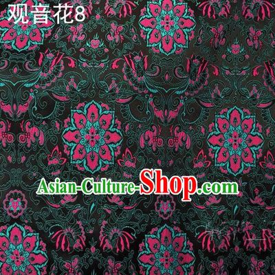 Asian Chinese Traditional Embroidering Avalokitesvara Flowers Thangka Satin Atrovirens Silk Fabric, Top Grade Brocade Tang Suit Hanfu Full Dress Fabric Cheongsam Cloth Material