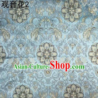 Asian Chinese Traditional Embroidering Avalokitesvara Flowers Thangka Satin Light Blue Silk Fabric, Top Grade Brocade Tang Suit Hanfu Full Dress Fabric Cheongsam Cloth Material