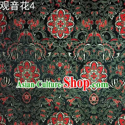 Asian Chinese Traditional Embroidering Avalokitesvara Flowers Thangka Satin Deep Green Silk Fabric, Top Grade Brocade Tang Suit Hanfu Full Dress Fabric Cheongsam Cloth Material