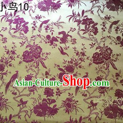 Asian Chinese Traditional Embroidery Purple Magpie Plum Blossom Satin Golden Silk Fabric, Top Grade Brocade Tang Suit Hanfu Full Dress Fabric Cheongsam Cloth Material
