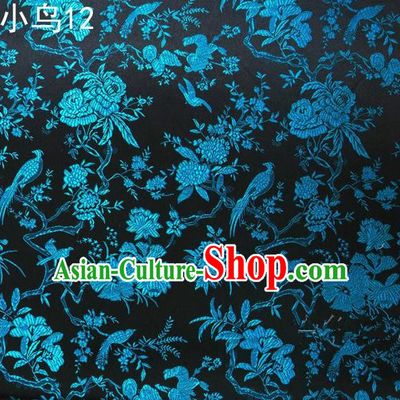 Asian Chinese Traditional Embroidery Magpie Peony Satin Navy Silk Fabric, Top Grade Brocade Tang Suit Hanfu Full Dress Fabric Cheongsam Cloth Material