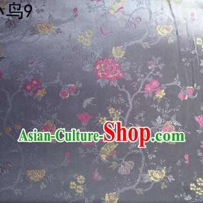 Asian Chinese Traditional Embroidery Magpie Peony Satin Sliver Silk Fabric, Top Grade Brocade Tang Suit Hanfu Full Dress Fabric Cheongsam Cloth Material