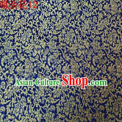 Asian Chinese Traditional Embroidering Golden Flower Blue Xiuhe Suit Satin Thangka Silk Fabric, Top Grade Brocade Tang Suit Hanfu Dress Fabric Cheongsam Cloth Material