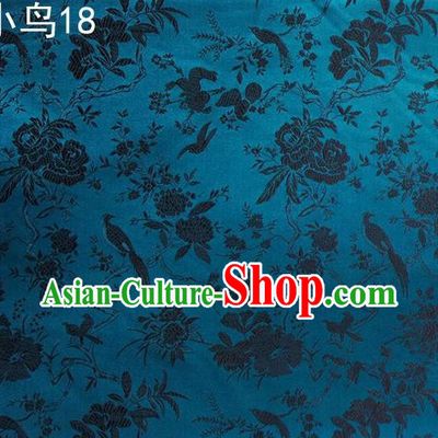 Asian Chinese Traditional Embroidery Black Magpie Peony Satin Blue Silk Fabric, Top Grade Brocade Tang Suit Hanfu Full Dress Fabric Cheongsam Cloth Material