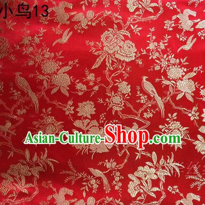 Asian Chinese Traditional Embroidery Golden Magpie Peony Satin Red Silk Fabric, Top Grade Brocade Tang Suit Hanfu Full Dress Fabric Cheongsam Cloth Material