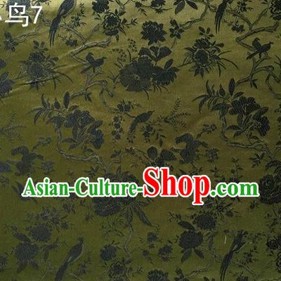Asian Chinese Traditional Embroidery Magpie Peony Satin Olive Green Silk Fabric, Top Grade Brocade Tang Suit Hanfu Full Dress Fabric Cheongsam Cloth Material