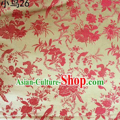 Asian Chinese Traditional Embroidery Red Magpie Peony Satin Golden Silk Fabric, Top Grade Brocade Tang Suit Hanfu Full Dress Fabric Cheongsam Cloth Material