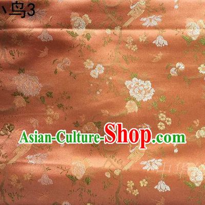 Asian Chinese Traditional Embroidery Magpie Peony Satin Orange Silk Fabric, Top Grade Brocade Tang Suit Hanfu Full Dress Fabric Cheongsam Cloth Material