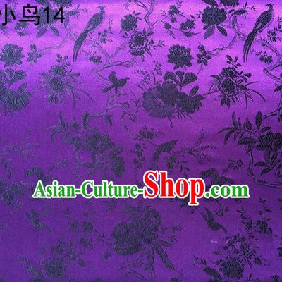 Asian Chinese Traditional Embroidery Magpie Peony Satin Purple Silk Fabric, Top Grade Brocade Tang Suit Hanfu Full Dress Fabric Cheongsam Cloth Material