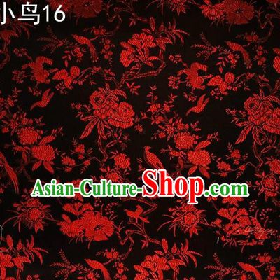 Asian Chinese Traditional Embroidery Red Magpie Peony Satin Black Silk Fabric, Top Grade Brocade Tang Suit Hanfu Full Dress Fabric Cheongsam Cloth Material