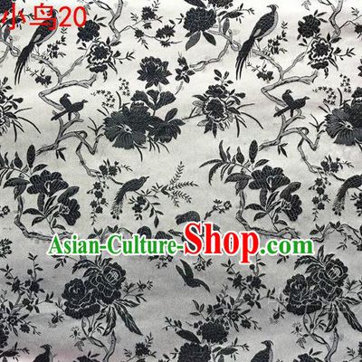 Asian Chinese Traditional Embroidery Black Magpie Peony Satin White Silk Fabric, Top Grade Brocade Tang Suit Hanfu Full Dress Fabric Cheongsam Cloth Material