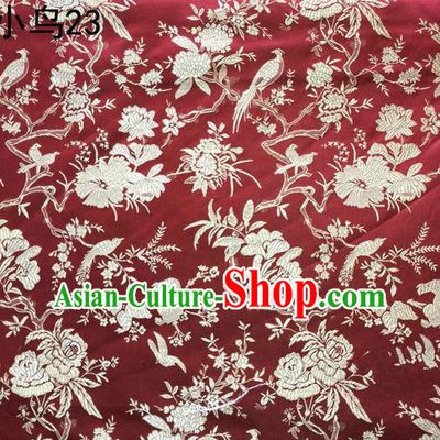 Asian Chinese Traditional Embroidery Golden Magpie Peony Satin Wine Red Silk Fabric, Top Grade Brocade Tang Suit Hanfu Full Dress Fabric Cheongsam Cloth Material