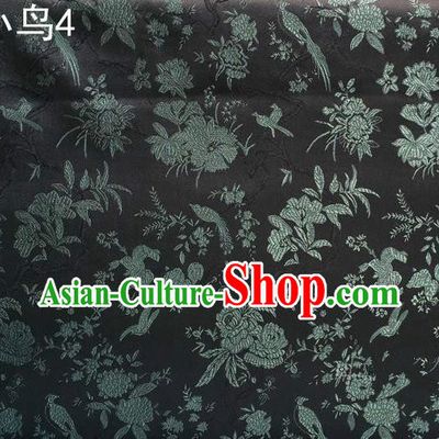 Asian Chinese Traditional Embroidery Magpie Peony Satin Black Silk Fabric, Top Grade Brocade Tang Suit Hanfu Full Dress Fabric Cheongsam Cloth Material