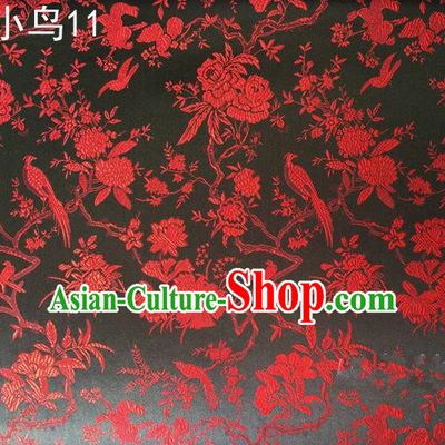 Asian Chinese Traditional Embroidery Red Magpie Peony Satin Black Silk Fabric, Top Grade Brocade Tang Suit Hanfu Full Dress Fabric Cheongsam Cloth Material