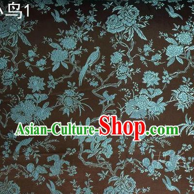 Asian Chinese Traditional Embroidery Magpie Peony Satin Coffee Silk Fabric, Top Grade Brocade Tang Suit Hanfu Full Dress Fabric Cheongsam Cloth Material