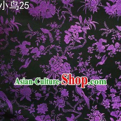 Asian Chinese Traditional Embroidery Purple Magpie Peony Satin Black Silk Fabric, Top Grade Brocade Tang Suit Hanfu Full Dress Fabric Cheongsam Cloth Material