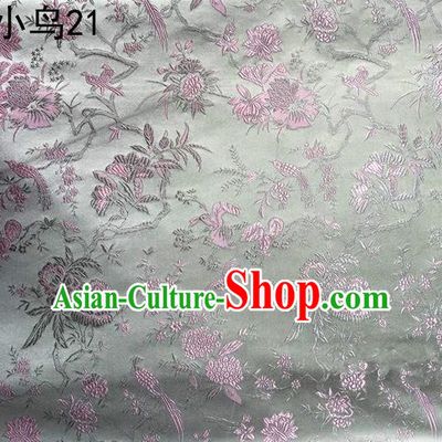 Asian Chinese Traditional Embroidery Pink Magpie Peony Satin Sliver Silk Fabric, Top Grade Brocade Tang Suit Hanfu Full Dress Fabric Cheongsam Cloth Material