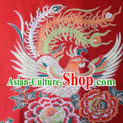 Asian Chinese Traditional Embroidery Phoenix Peony Red Satin Wedding Silk Fabric, Top Grade Brocade Tang Suit Hanfu Full Dress Fabric Cheongsam Cloth Material