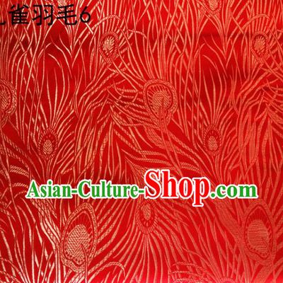 Asian Chinese Traditional Embroidery Golden Peacock Feathers Red Satin Wedding Silk Fabric, Top Grade Brocade Tang Suit Hanfu Dress Fabric Cheongsam Cloth Material