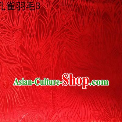 Asian Chinese Traditional Embroidery Peacock Feathers Red Satin Wedding Silk Fabric, Top Grade Brocade Tang Suit Hanfu Dress Fabric Cheongsam Cloth Material