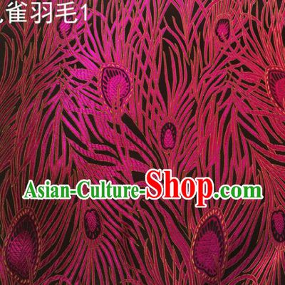 Asian Chinese Traditional Embroidery Peacock Feathers Rosy Satin Wedding Silk Fabric, Top Grade Brocade Tang Suit Hanfu Dress Fabric Cheongsam Cloth Material