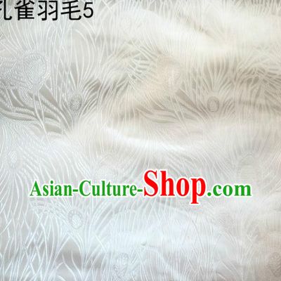 Asian Chinese Traditional Embroidery Peacock Feathers White Satin Wedding Silk Fabric, Top Grade Brocade Tang Suit Hanfu Dress Fabric Cheongsam Cloth Material