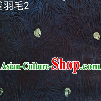 Asian Chinese Traditional Embroidery Peacock Feathers Navy Satin Wedding Silk Fabric, Top Grade Brocade Tang Suit Hanfu Dress Fabric Cheongsam Cloth Material