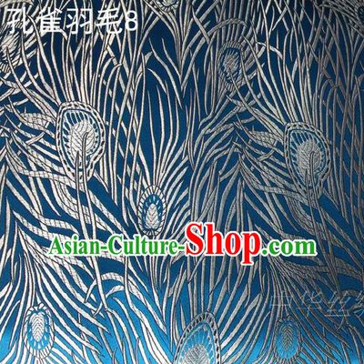 Asian Chinese Traditional Embroidery Peacock Feathers Blue Satin Wedding Silk Fabric, Top Grade Brocade Tang Suit Hanfu Dress Fabric Cheongsam Cloth Material