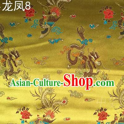 Asian Chinese Traditional Embroidery Colorful Dragon and Phoenix Bringing Prosperity Golden Satin Silk Fabric, Top Grade Tibetan Brocade Tang Suit Hanfu Fabric Cheongsam Cloth Material