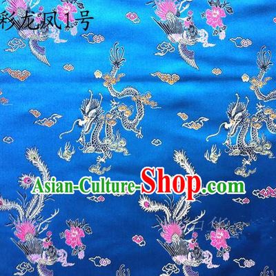 Asian Chinese Traditional Embroidery Colorful Dragon and Phoenix Bringing Prosperity Royalblue Satin Silk Fabric, Top Grade Tibetan Brocade Tang Suit Hanfu Fabric Cheongsam Cloth Material