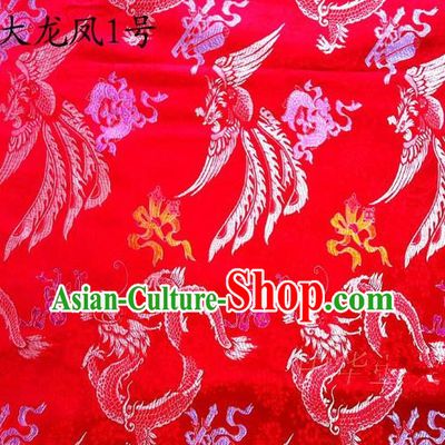 Asian Chinese Traditional Embroidery Dragon and Phoenix Bringing Prosperity Red Satin Silk Fabric, Top Grade Tibetan Brocade Tang Suit Hanfu Fabric Cheongsam Cloth Material